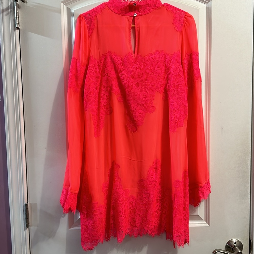NEW Free People Hot Coral Lace Mini Dress - Size M - Picture 7 of 10